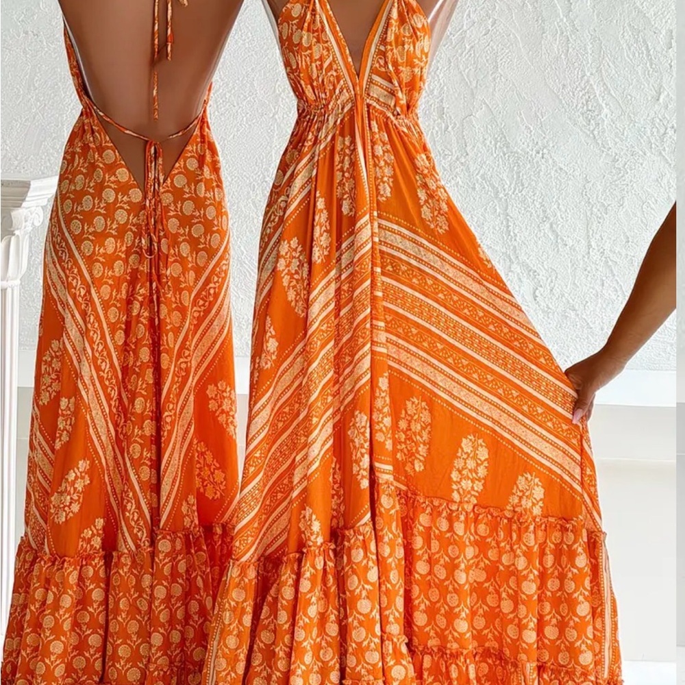 Boho Orange Floral V-Neck Maxi Dress